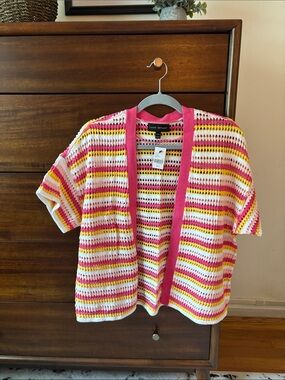 Lane Bryant Pink White Yellow Crochet Stripe Short-Sleeve Cardigan